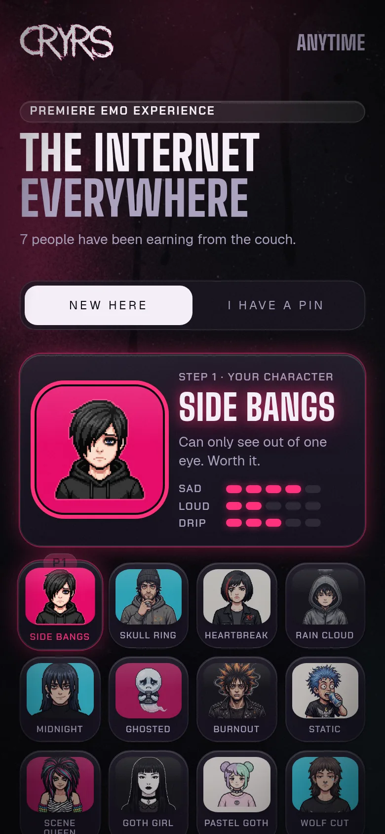The join screen: pick a pixel-art character, then choose a handle and PIN.